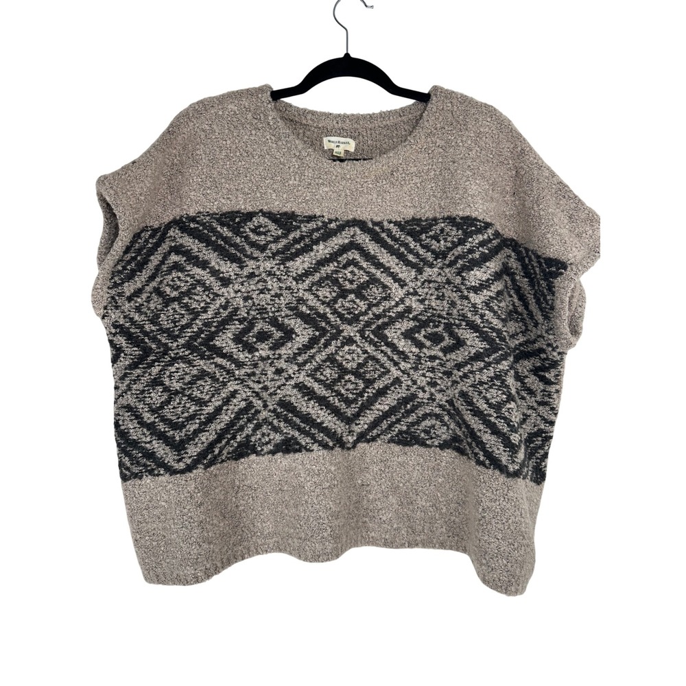 World Market Oversized Knit Poncho Sweater Grey Black Geometric One Size Boho